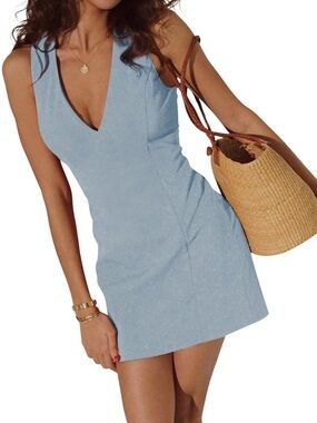 Commense Light Blue Snug V-neck Sleeveless Mini Dress Medium NWT